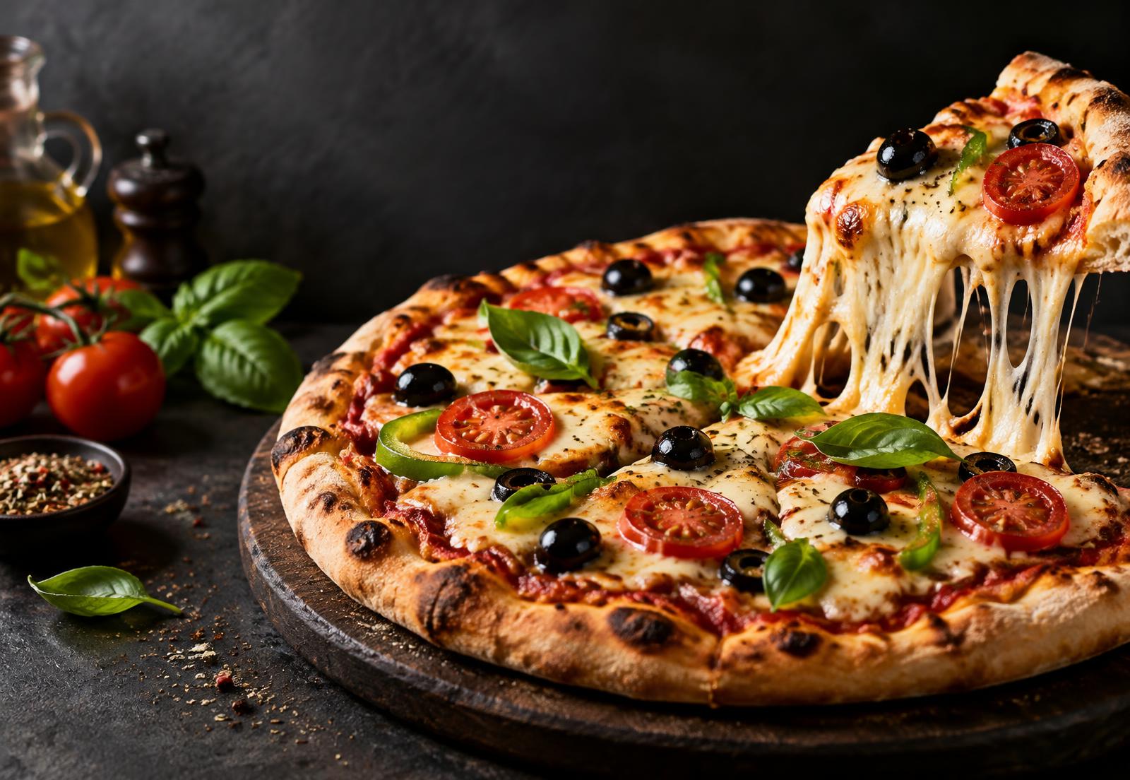 Pizza acabada de preparar com queijo derretido e ingredientes frescos
