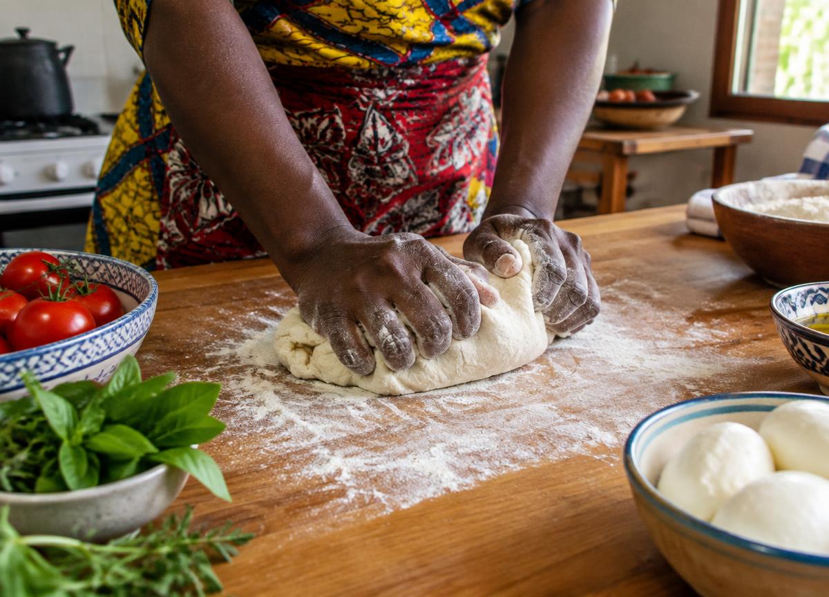 Pessoa a preparar massa de pizza numa cozinha